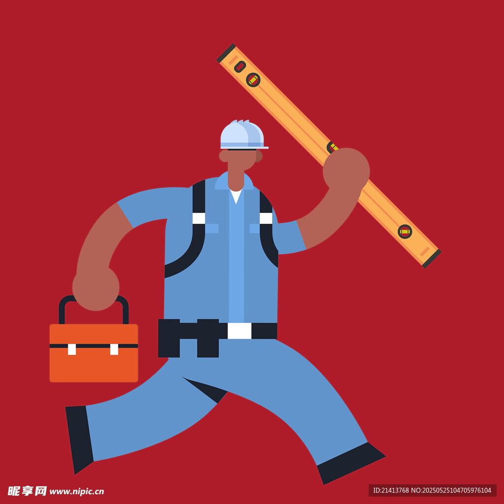奔跑的工人携带工具与木板