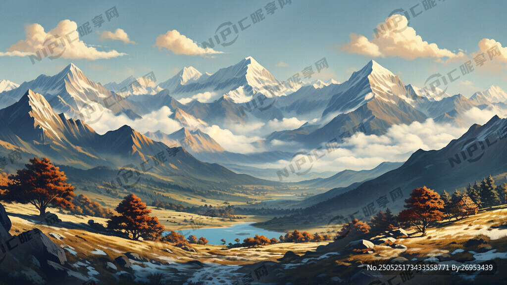 远景山脉草原 藏式风格 有插画