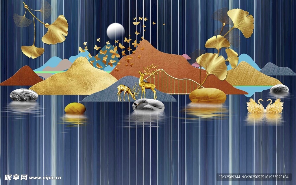梦幻国风山水与飞禽景象