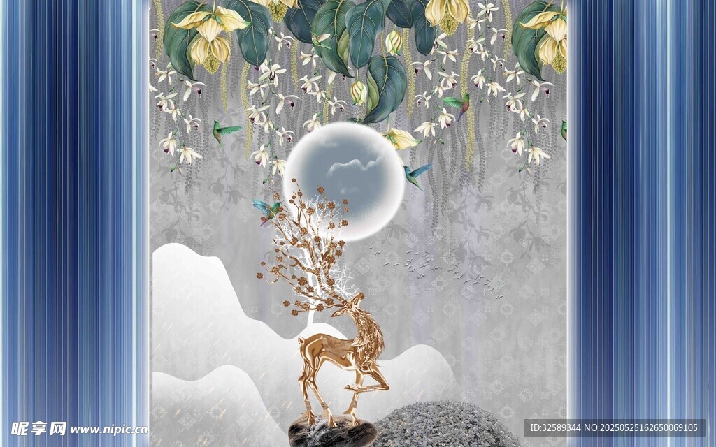 梦幻雪景中的小鹿与装饰