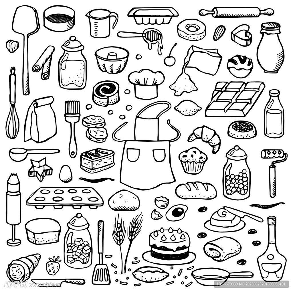 手绘厨房用品简笔画集合