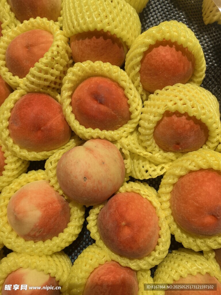 新鲜黄网套包裹的水蜜桃