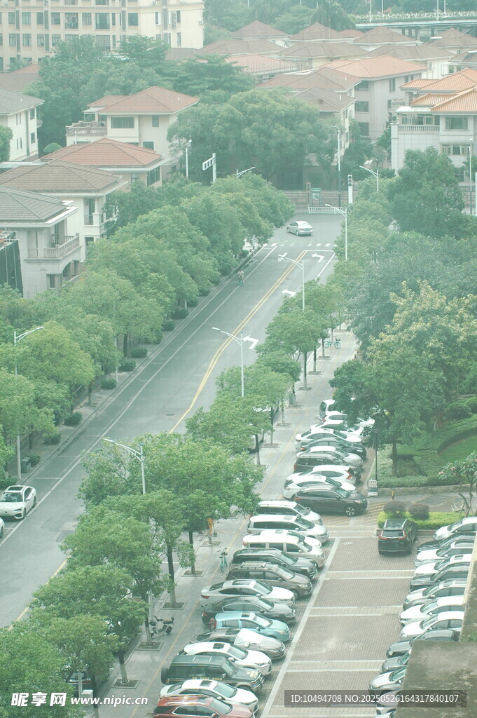 俯瞰城市街道与停车场景