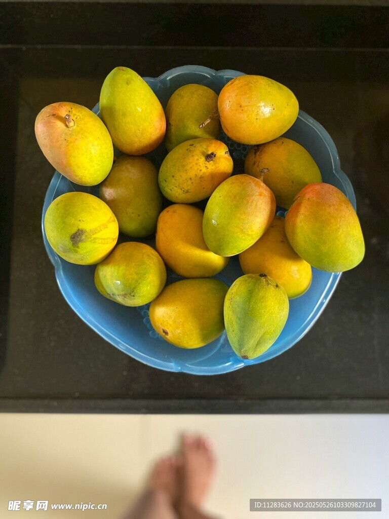 蓝盘中的新鲜芒果