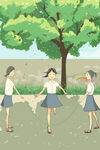 女孩树下跳绳欢乐瞬间