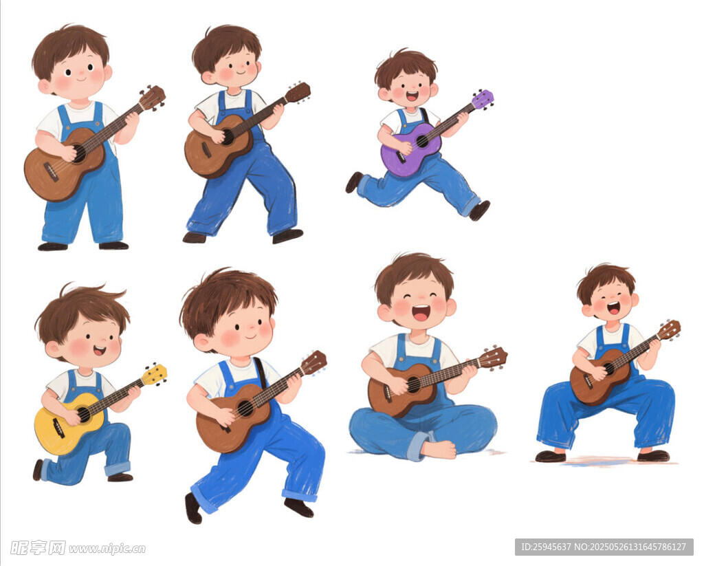 手绘插画弹乐器的小男孩