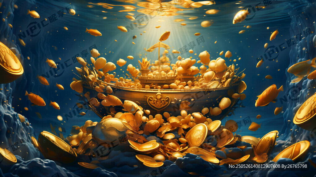 海底世界沉船金元宝黄金背景图