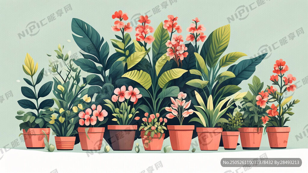 平面插画风格 盆栽开花植物