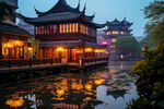 江南水乡古建夜景倒影美