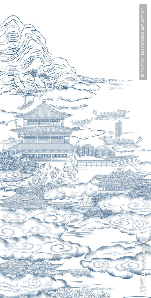 古风山水楼阁水墨画