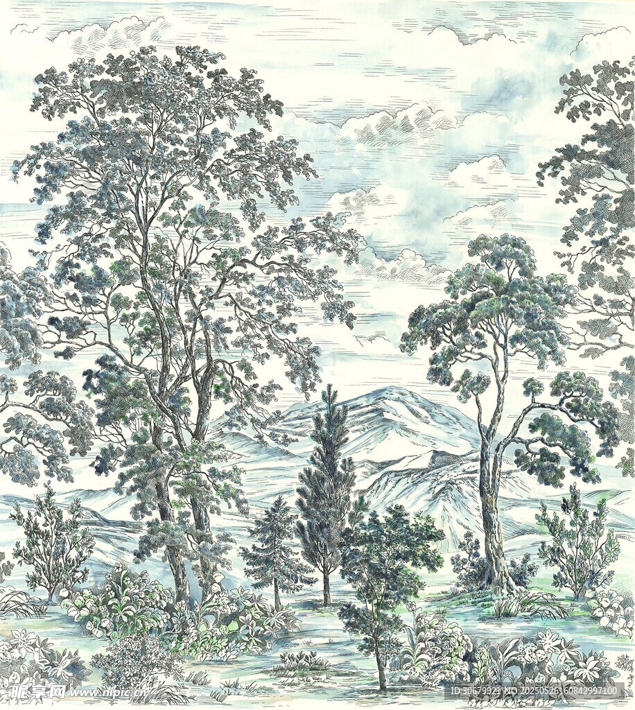 田园风光手绘风景图