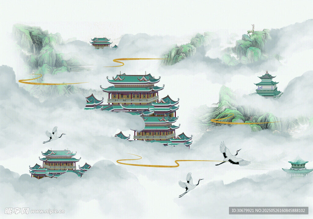 水墨古风山水楼阁图景