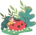 女孩依偎瓢虫于绿植花丛间