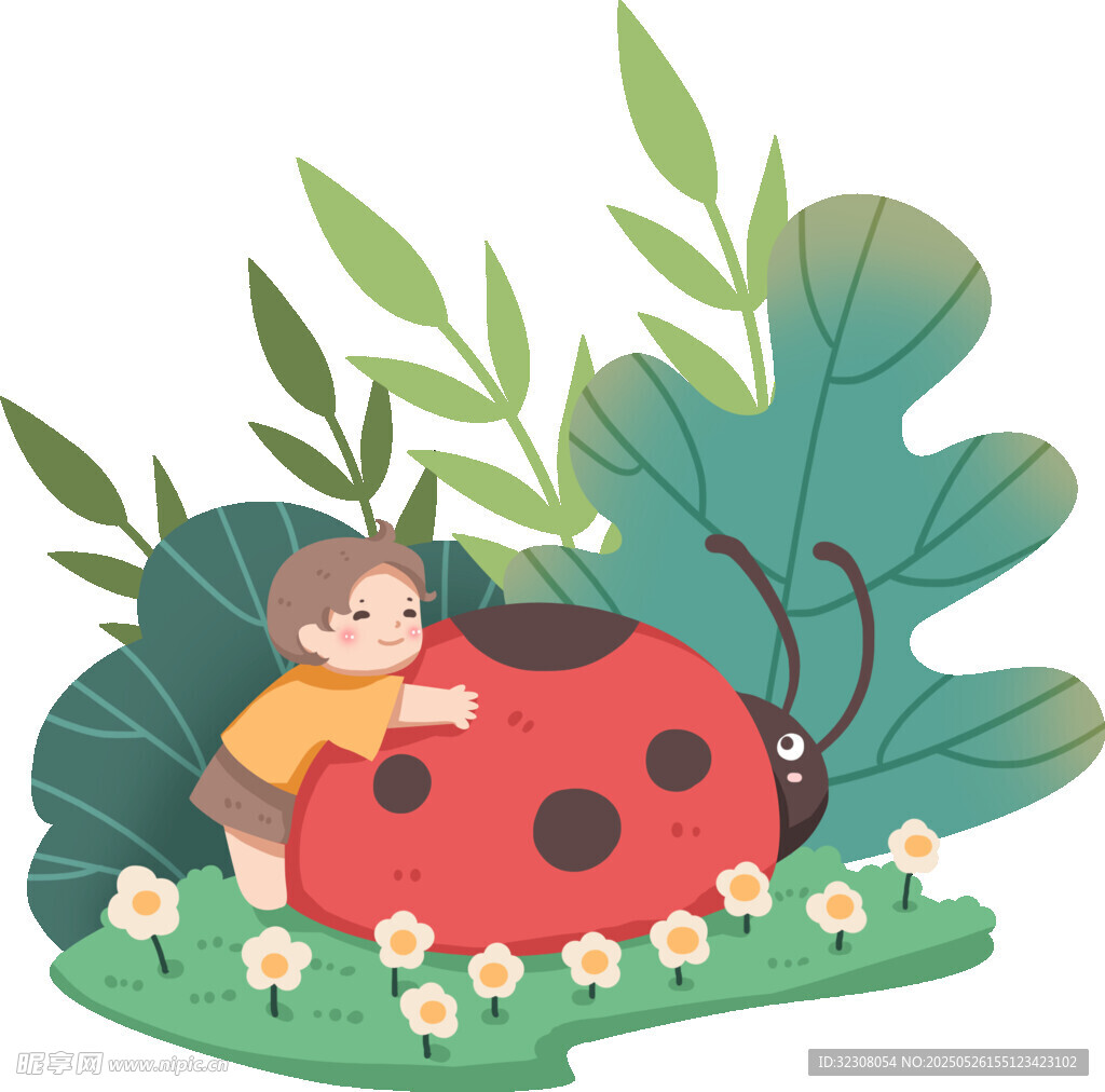 女孩依偎瓢虫于绿植花丛间