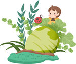 小孩与瓢虫在大卷心菜旁