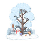 冬日树下的雪人与小动物