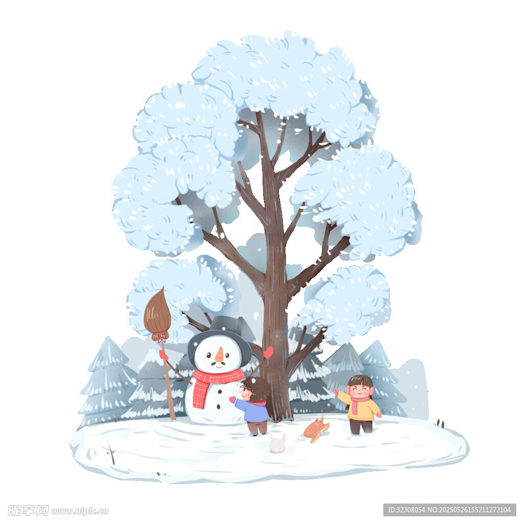 冬日树下的雪人与小动物