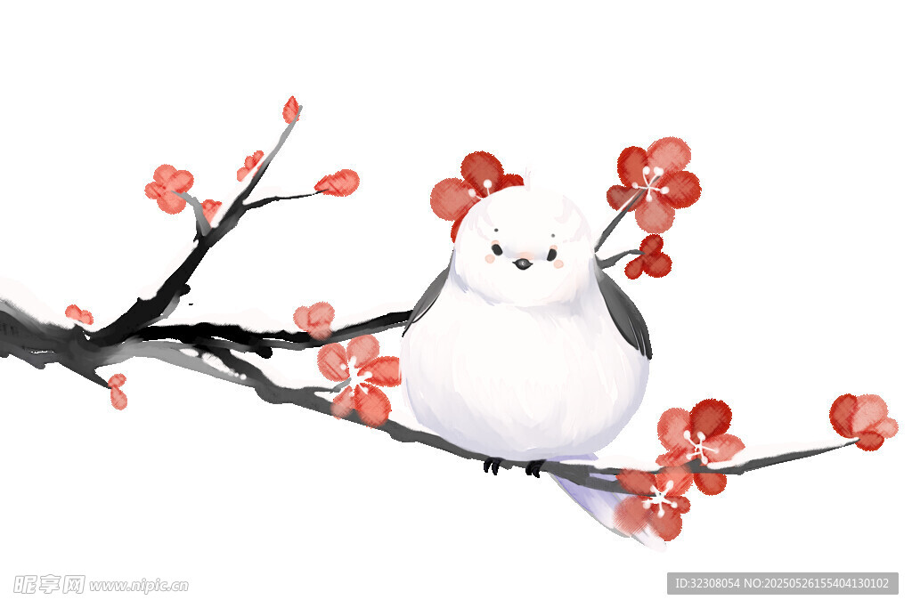 枝头萌趣小鸟赏红梅