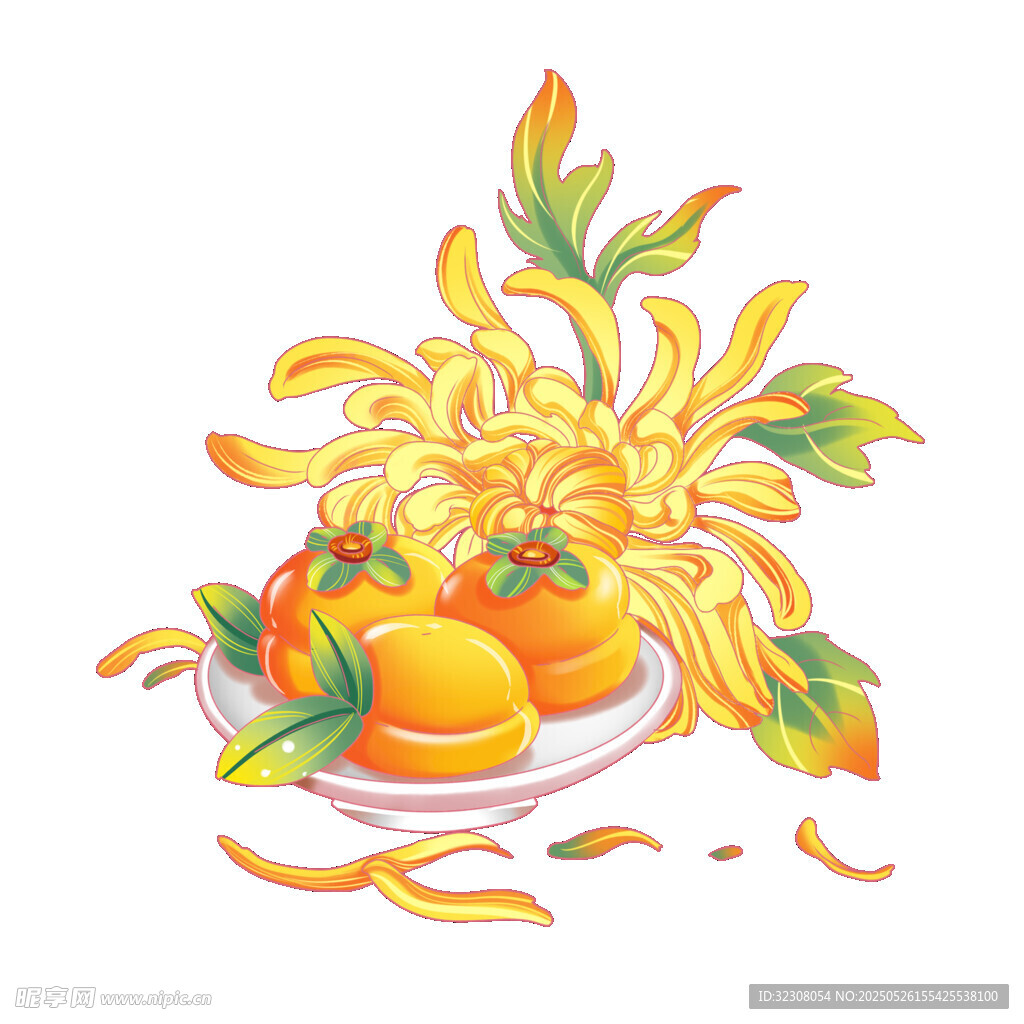 盘中金菊与鲜橙插画