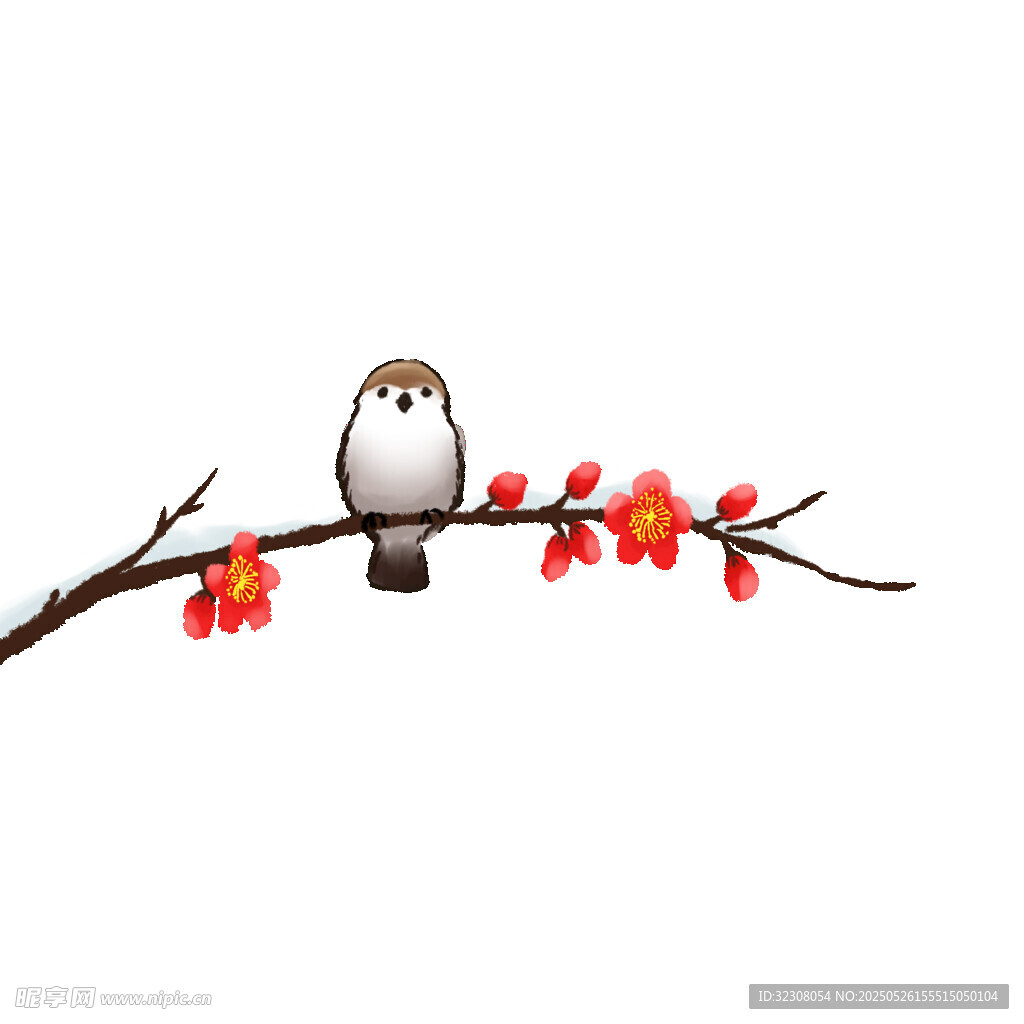 枝头小鸟伴红花
