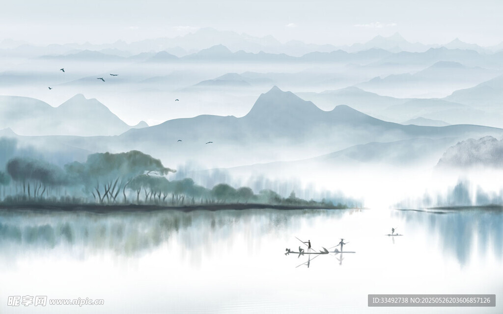 水墨山水湖景图