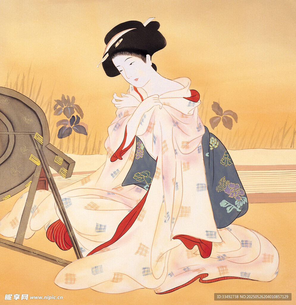 古典美人抚琴图