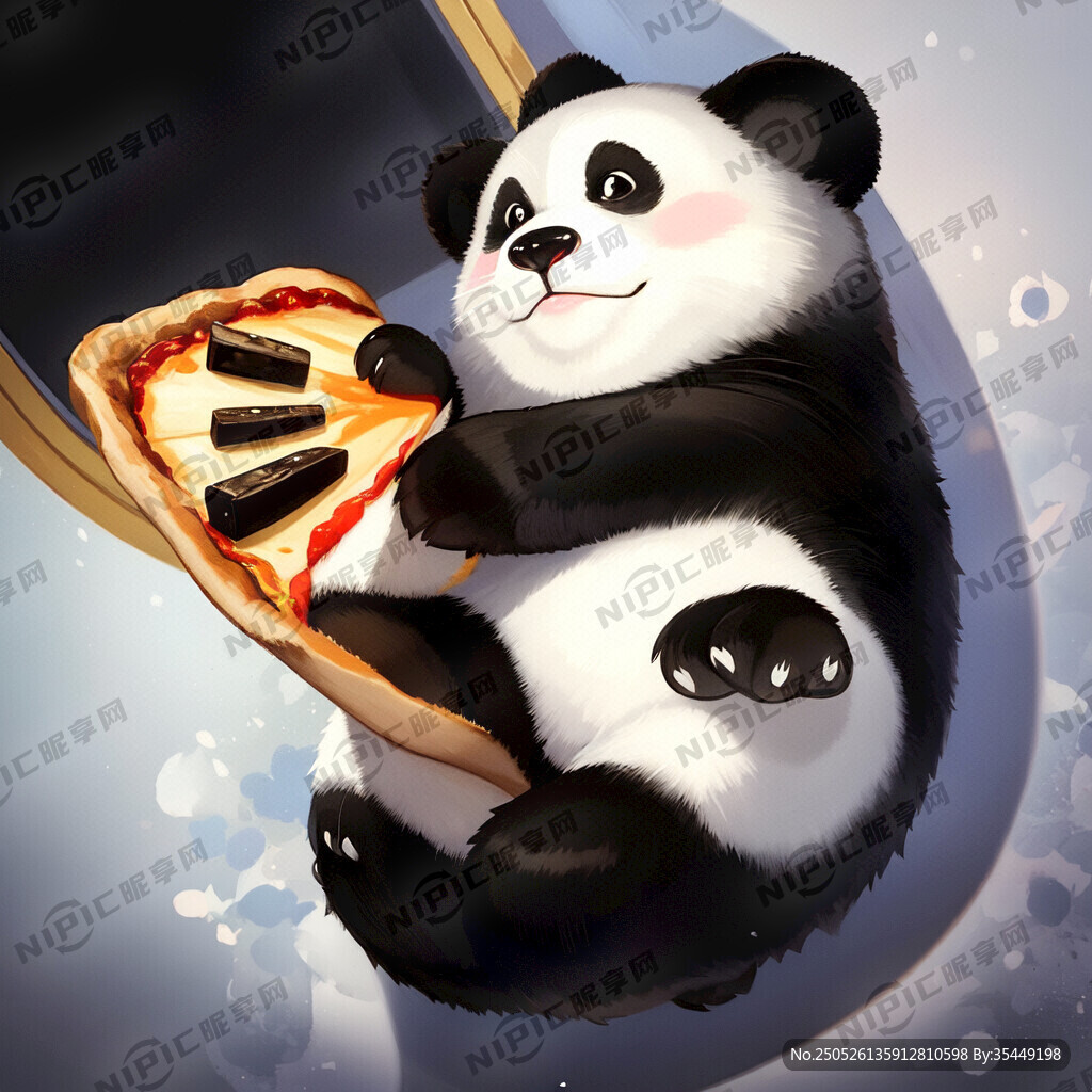 一直卡通风格的熊猫抱着个披萨