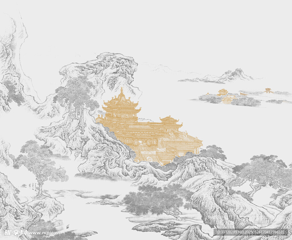 水墨山水间的金色建筑