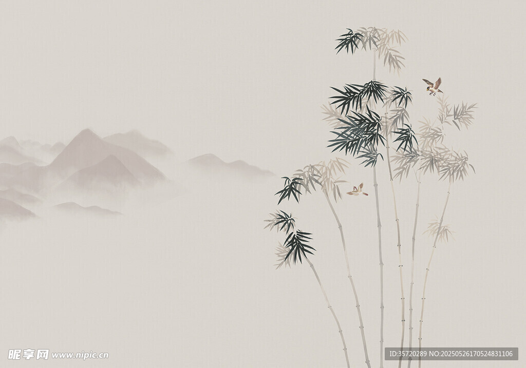 水墨风竹林远山意境图