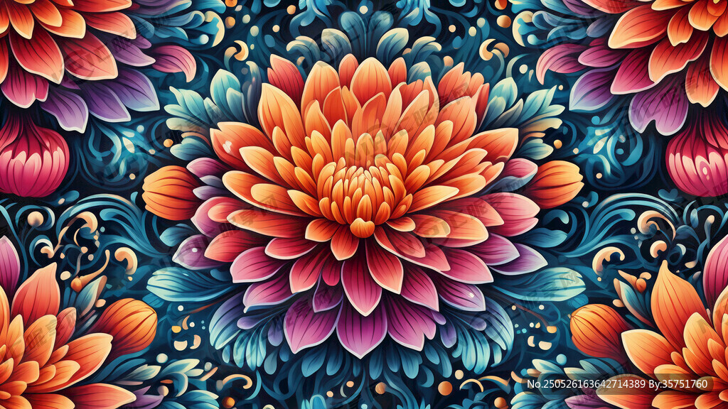 梦幻绚丽花朵对称图案图片