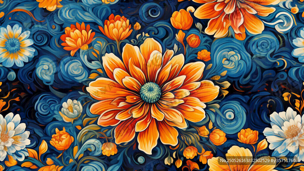 梦幻绚丽花朵对称图案图片
