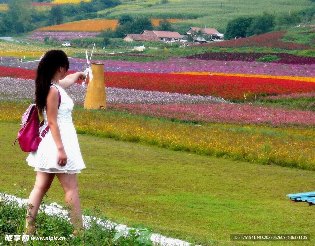 女孩赏多彩花田美景