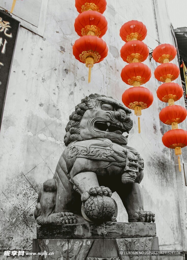 石狮子旁挂着喜庆红灯笼