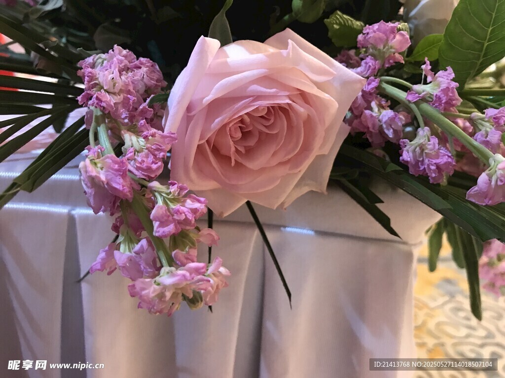 粉色玫瑰与紫色小花组合