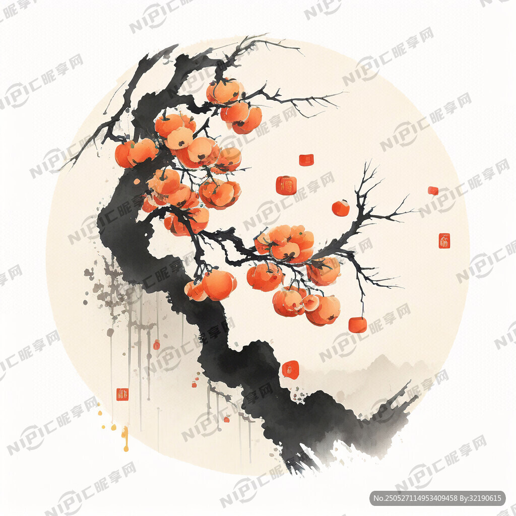 中国风节气树枝柿子插画背景