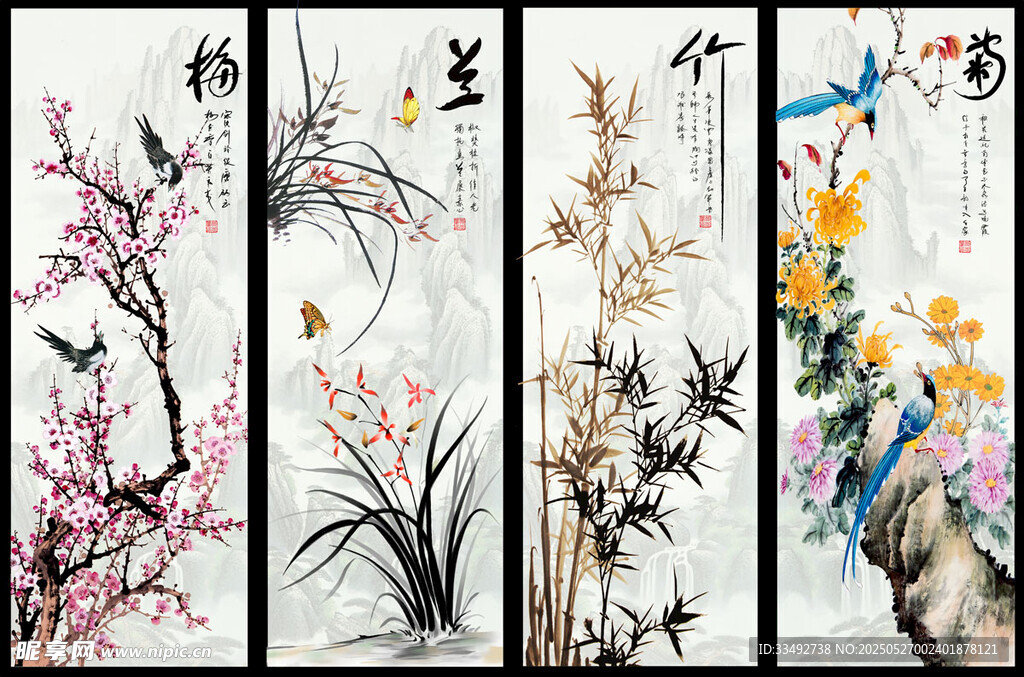 四幅花鸟国画作品展示