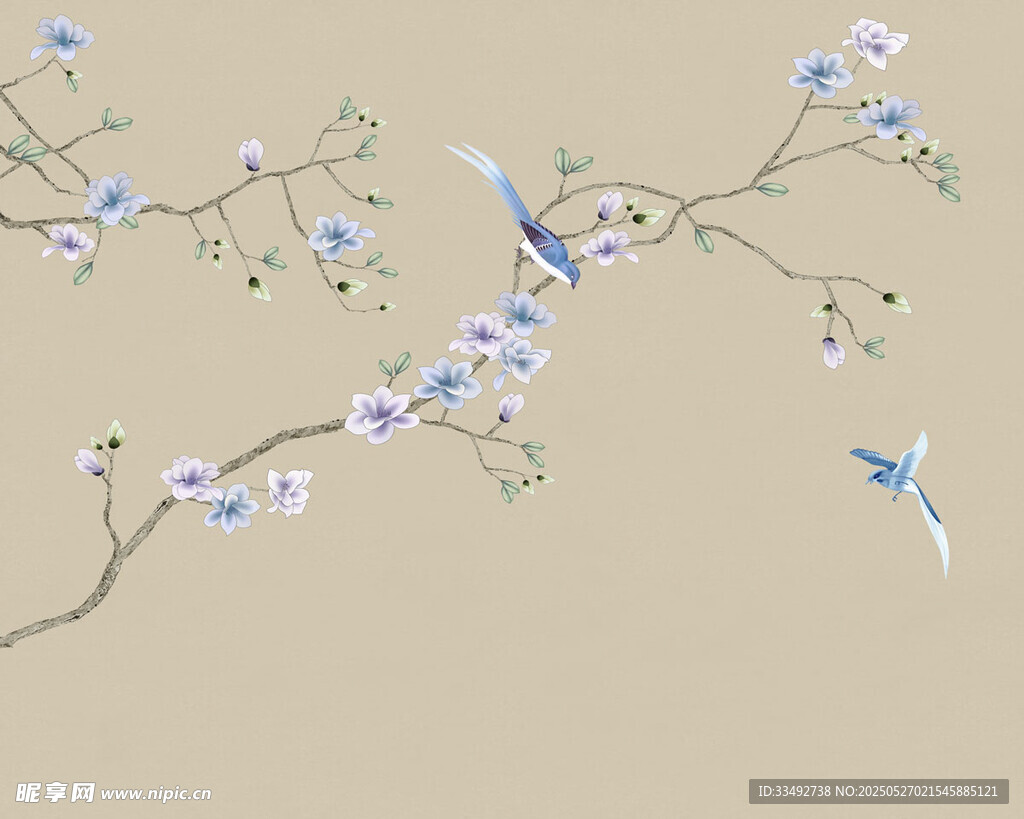 蓝白花卉枝条优雅画面