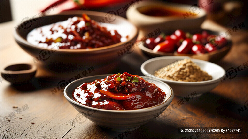 一小碗辣酱放在桌子上