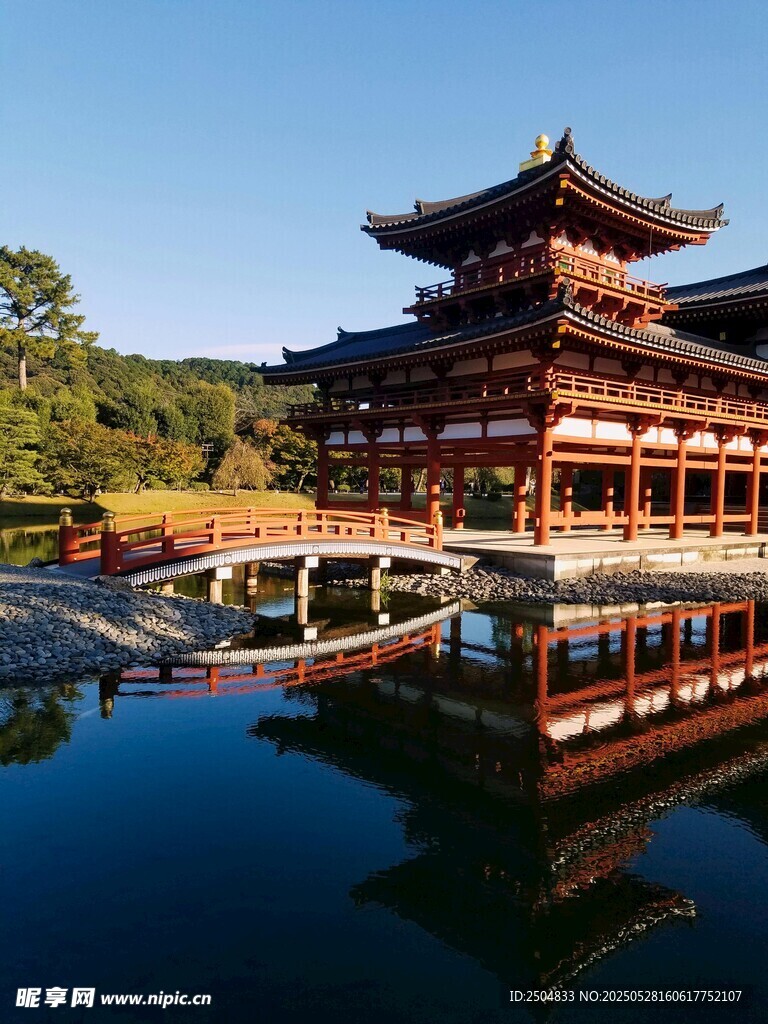 古建倒影 中式楼阁映于湖面