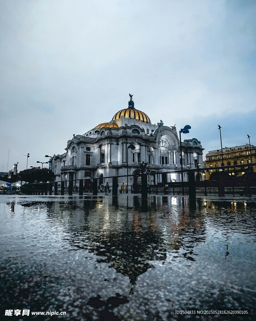 雨中的华丽建筑及倒影