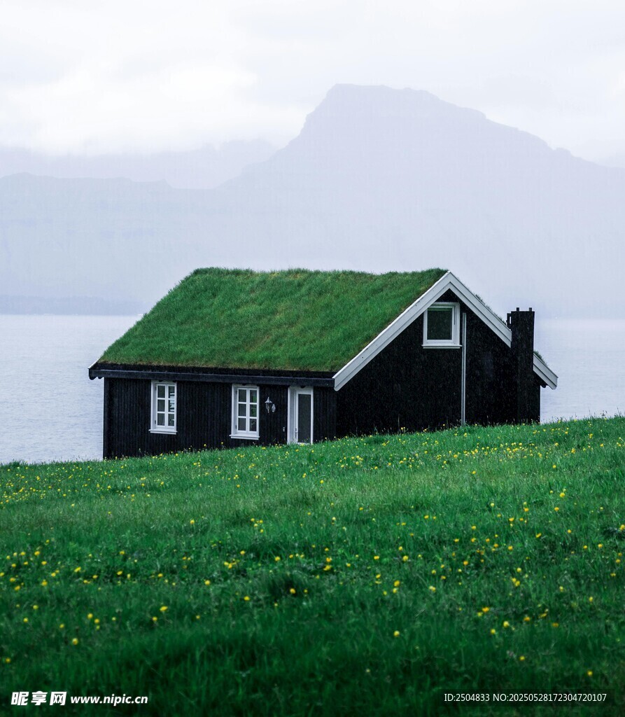 绿草覆顶的湖畔小屋