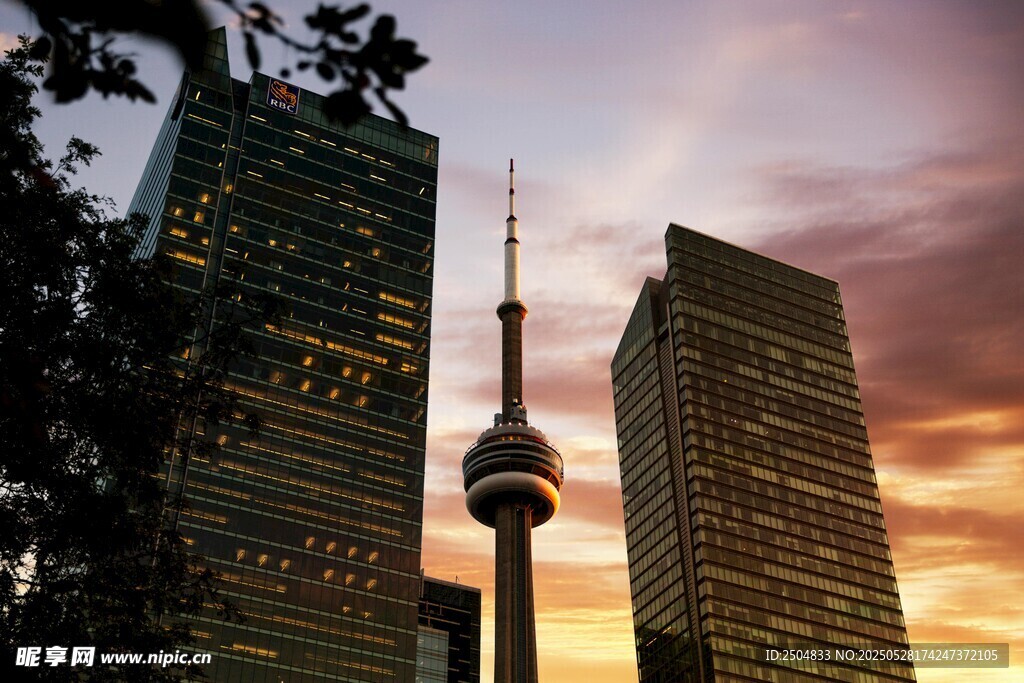 夕阳下的城市摩天大楼景观