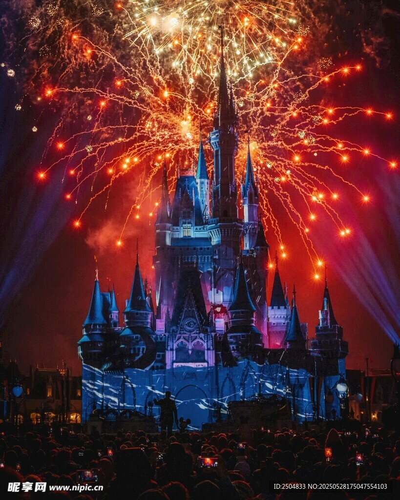 迪士尼城堡烟花璀璨夜景