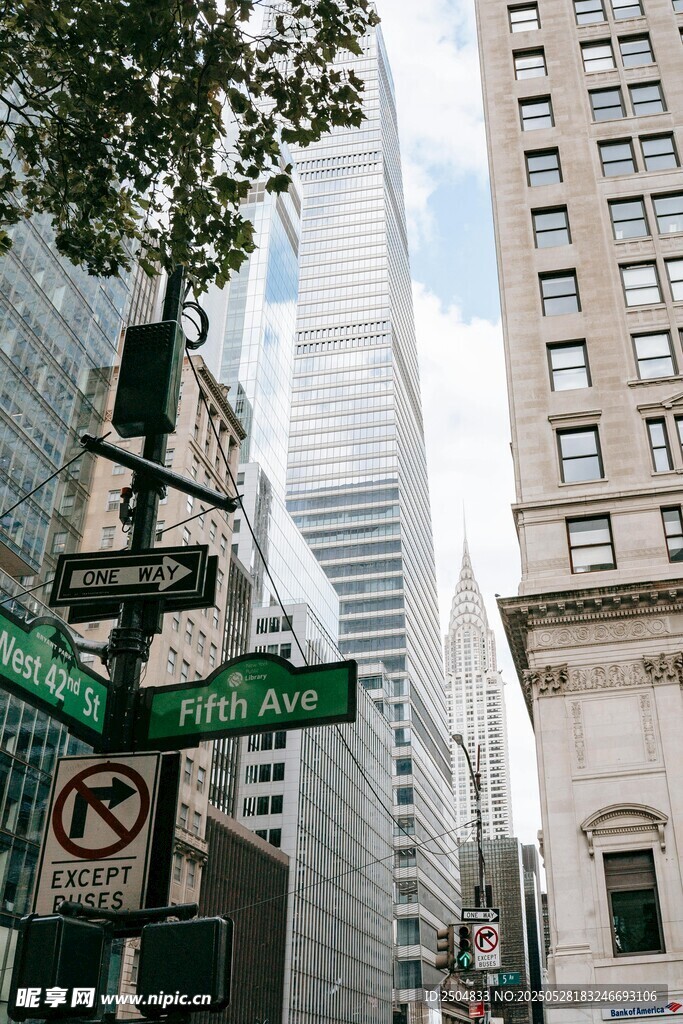 纽约街头路牌与高楼景观