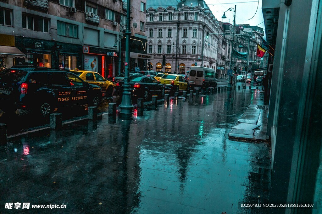 雨中城市街道的积水倒影