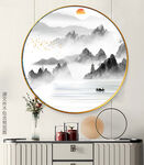 新中式水墨意境山水客厅圆框画