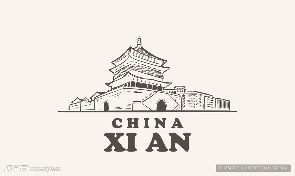 西安城楼线稿