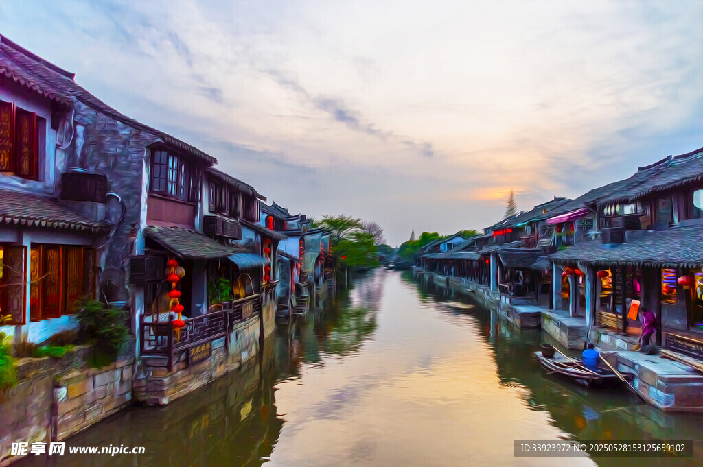 水乡古镇黄昏美景