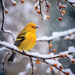 雪中黄雀栖于果实枝头