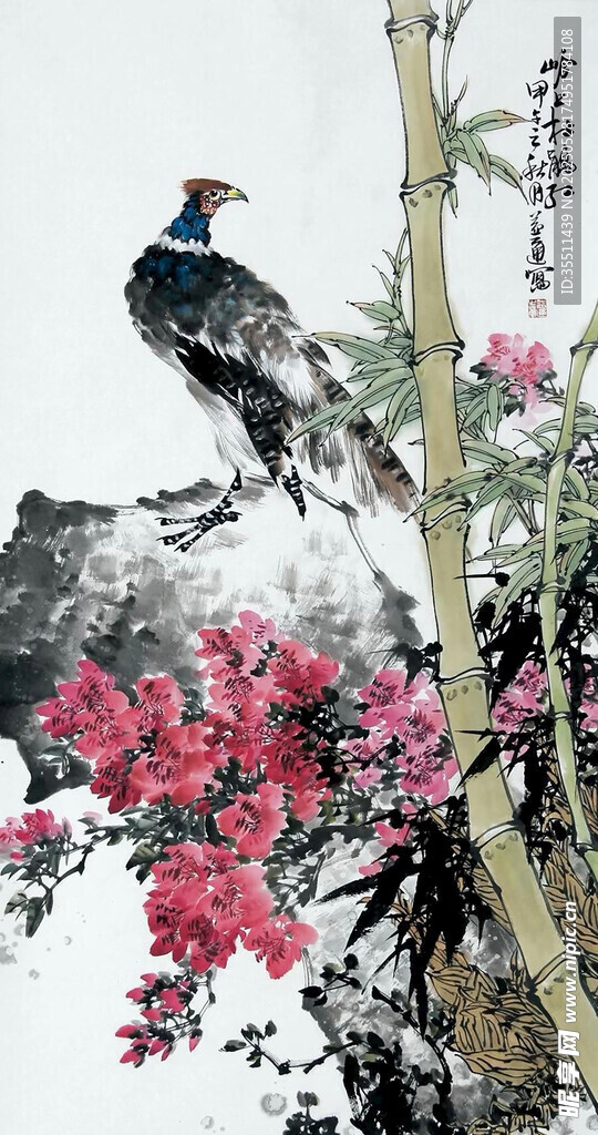 花鸟图中孔雀栖于花枝
